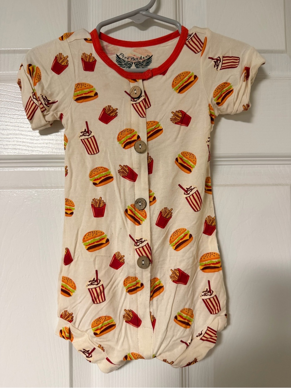 Bamboo Button-Front Romper - Cream with Burger, Fries, Shake Print